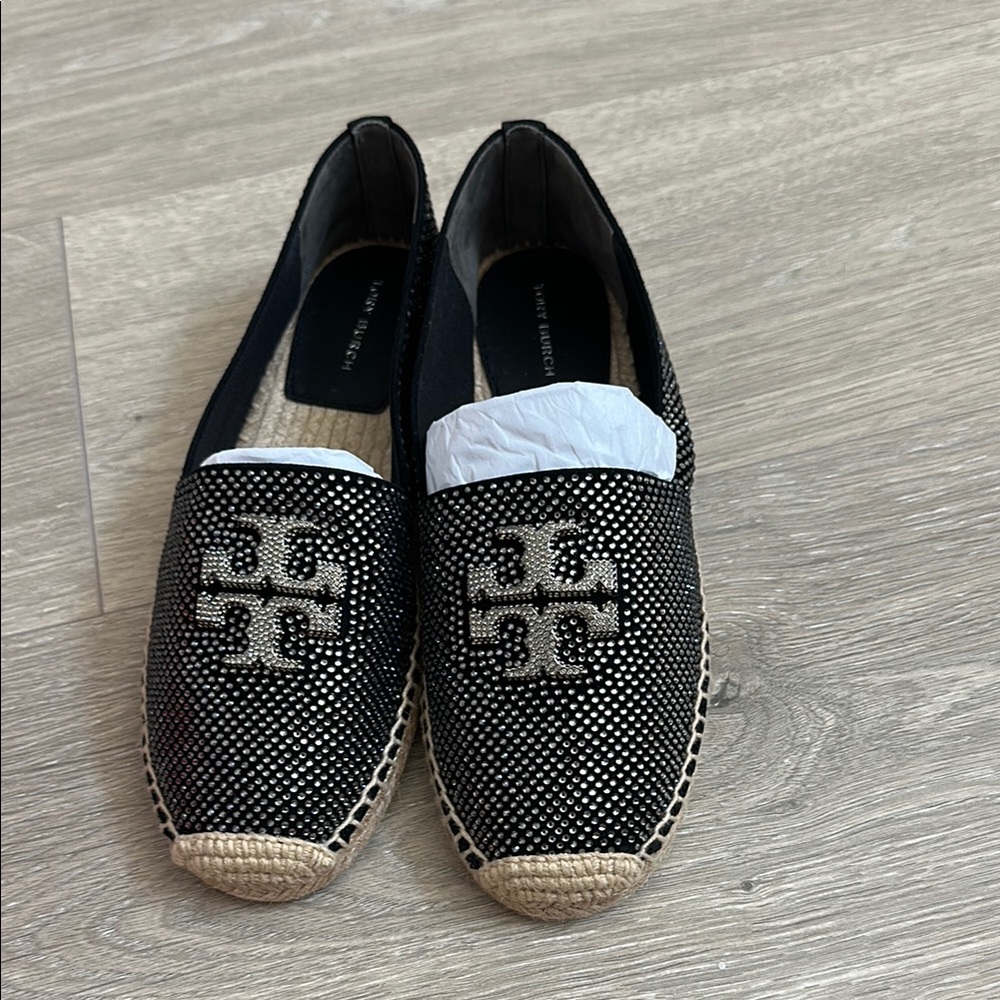 NWT. Tory Burch Black and silver rhinestones and cream Espadrilles.